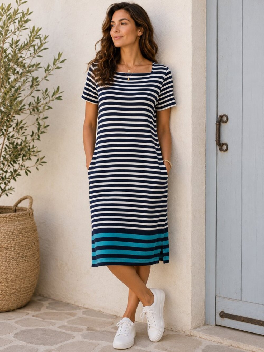 J. Jill Striped Cotton Shift Dress Navy White Teal Pockets XS
